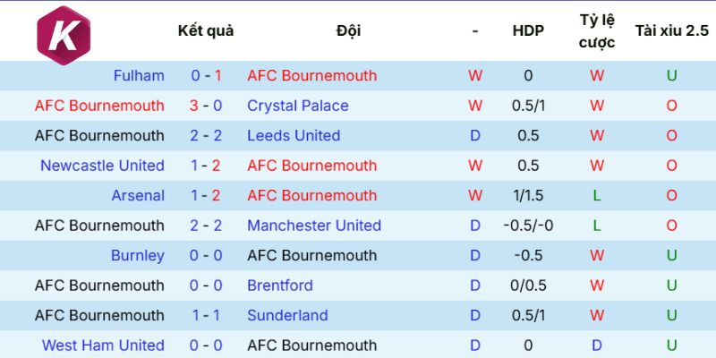 hieu suat thi dau cua bournemouth